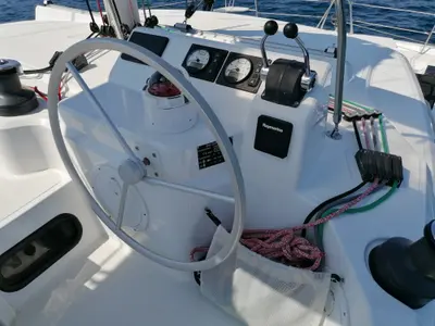 Cockpit of Sunny, a Bali Catspace catamaran at Municipal Unit of Lefkada, Greece