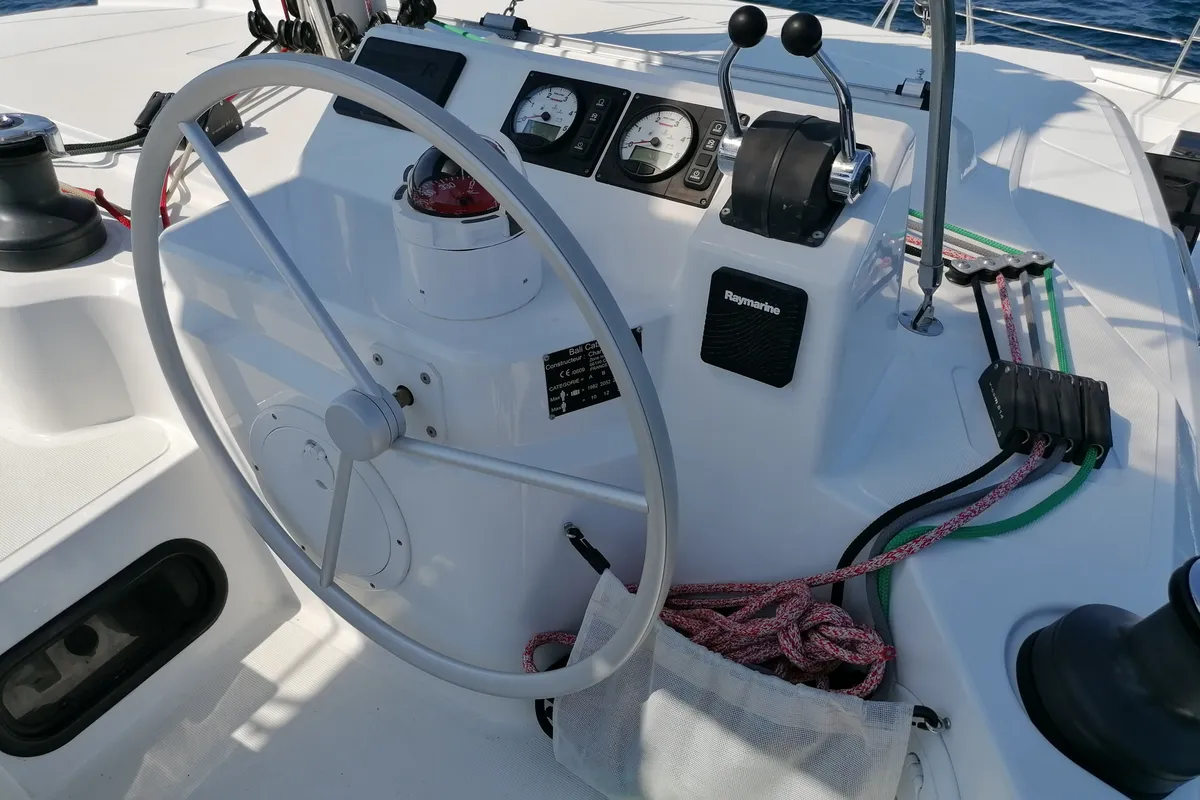 Cockpit of Sunny, a Bali Catspace catamaran at Municipal Unit of Lefkada, Greece