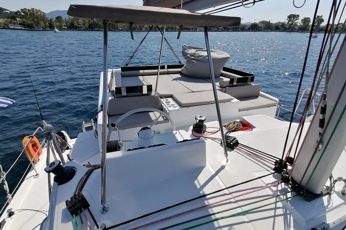 Cockpit of Sunny, a Bali Catspace catamaran at Municipal Unit of Lefkada, Greece