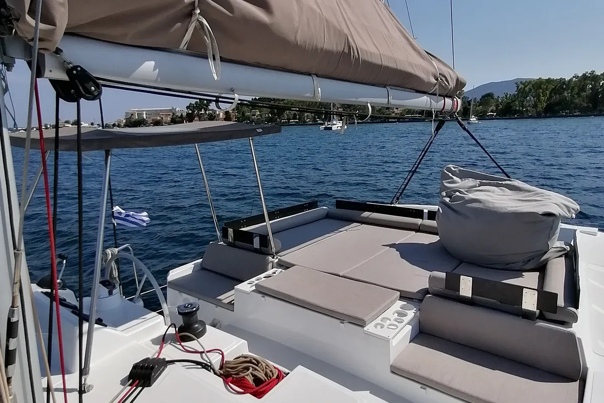 Deck of Sunny, a Bali Catspace catamaran at Municipal Unit of Lefkada, Greece