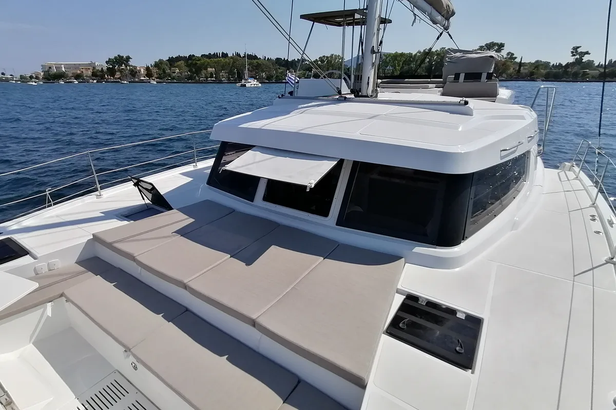 Deck of Sunny, a Bali Catspace catamaran at Municipal Unit of Lefkada, Greece
