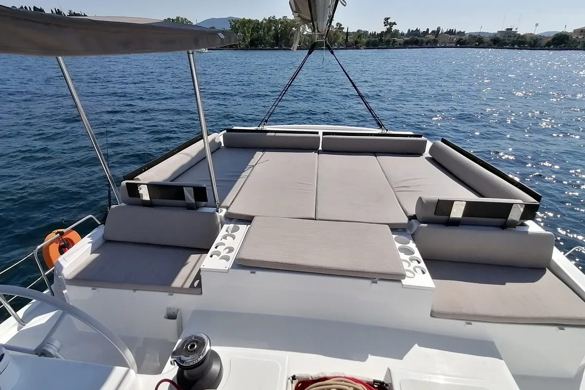 Deck of Sunny, a Bali Catspace catamaran at Municipal Unit of Lefkada, Greece