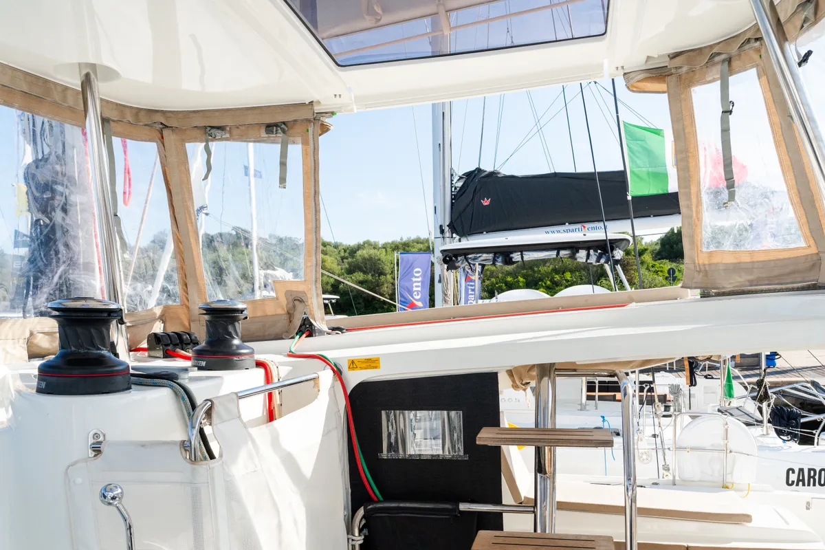 Cockpit of Agave - Premium line, a Lagoon 42 catamaran at Olbia, Italy