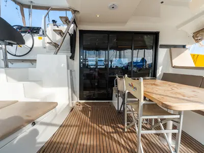 Deck of Agave - Premium line, a Lagoon 42 catamaran at Olbia, Italy