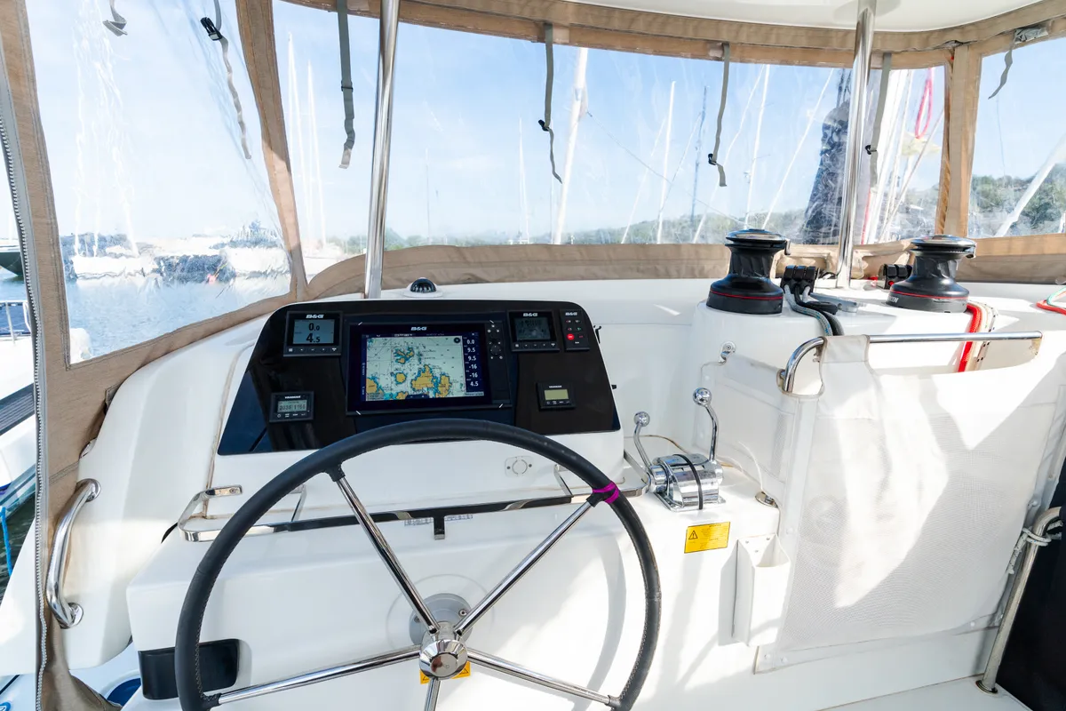 Cockpit of Agave - Premium line, a Lagoon 42 catamaran at Olbia, Italy