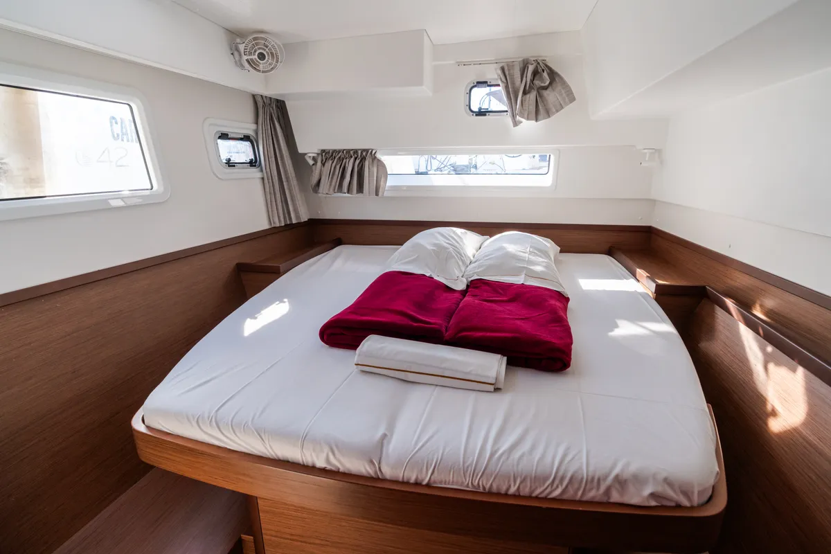 Cabin on Agave - Premium line, a Lagoon 42 catamaran at Olbia, Italy