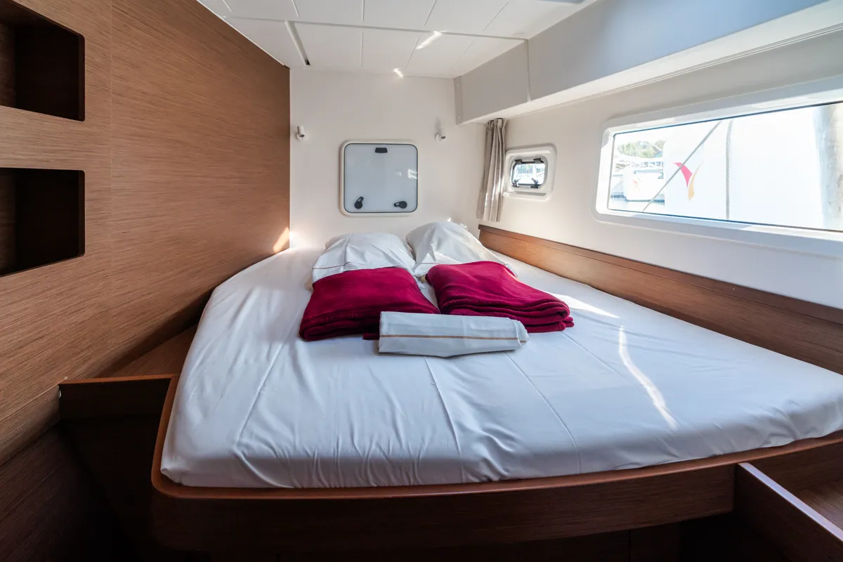Cabin on Agave - Premium line, a Lagoon 42 catamaran at Olbia, Italy