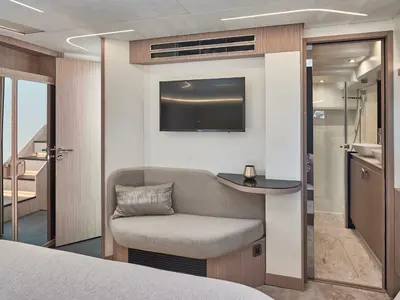 Cabin on La Familia 2, a Gulet x-reuse motorboat at Palma de Mallorca, Spain