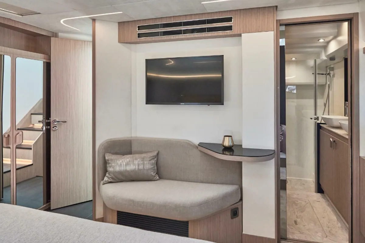 Cabin on La Familia 2, a Gulet x-reuse motorboat at Palma de Mallorca, Spain