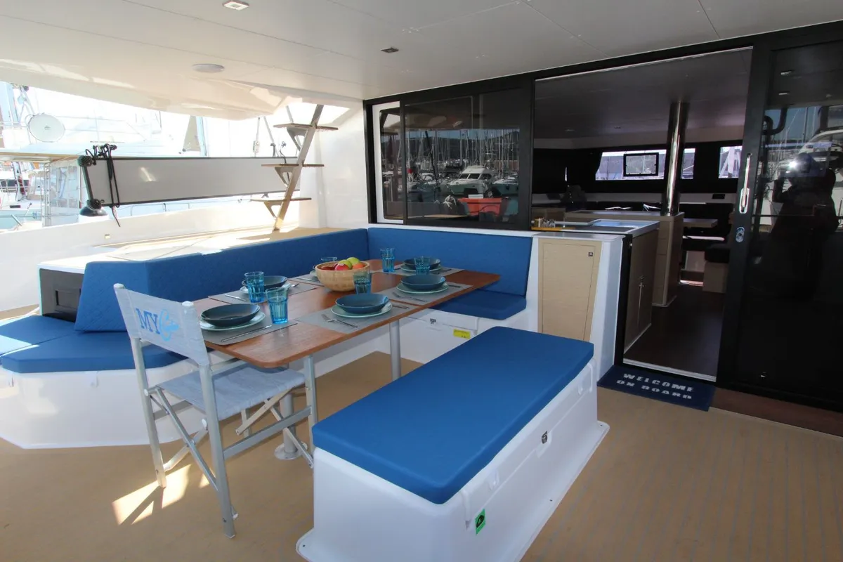 Exterior view of Stella, a Dufour 48 Catamaran catamaran at Olbia, Italy