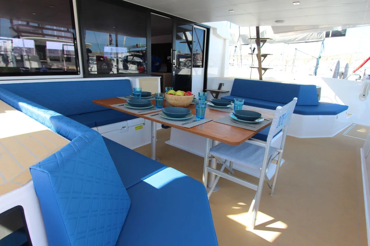 Deck of Stella, a Dufour 48 Catamaran catamaran at Olbia, Italy