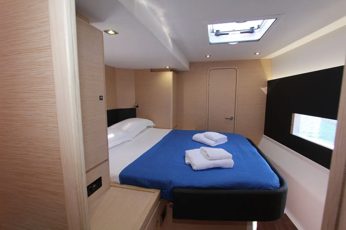 Cabin on Stella, a Dufour 48 Catamaran catamaran at Olbia, Italy