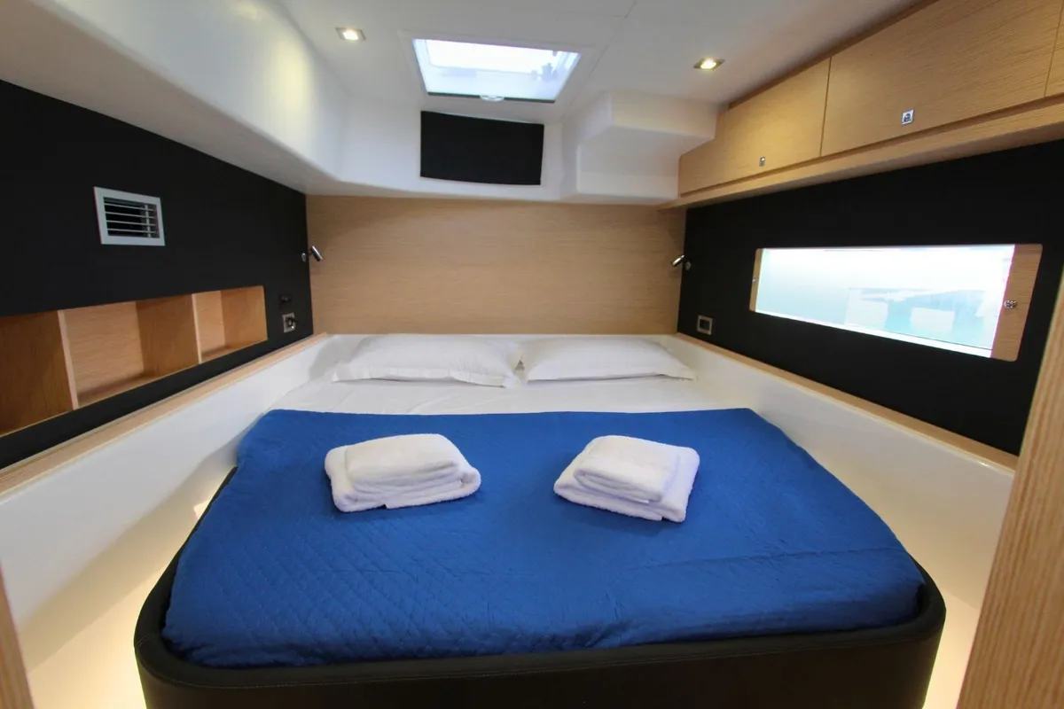 Cabin on Stella, a Dufour 48 Catamaran catamaran at Olbia, Italy