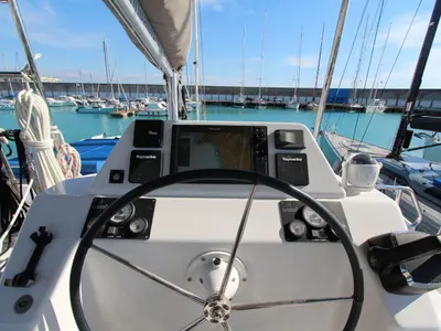 Cockpit of Stella, a Dufour 48 Catamaran catamaran at Olbia, Italy