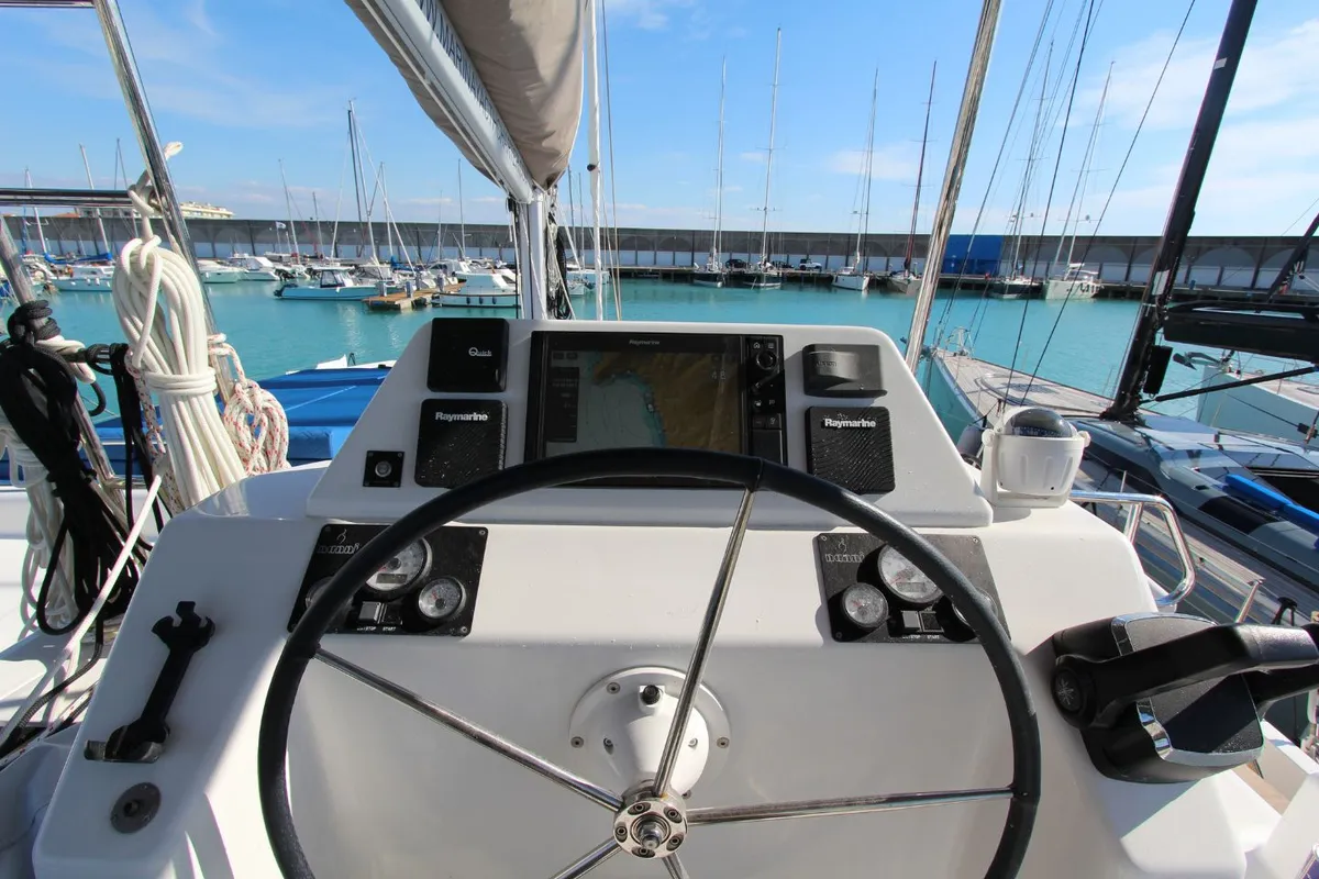 Cockpit of Stella, a Dufour 48 Catamaran catamaran at Olbia, Italy