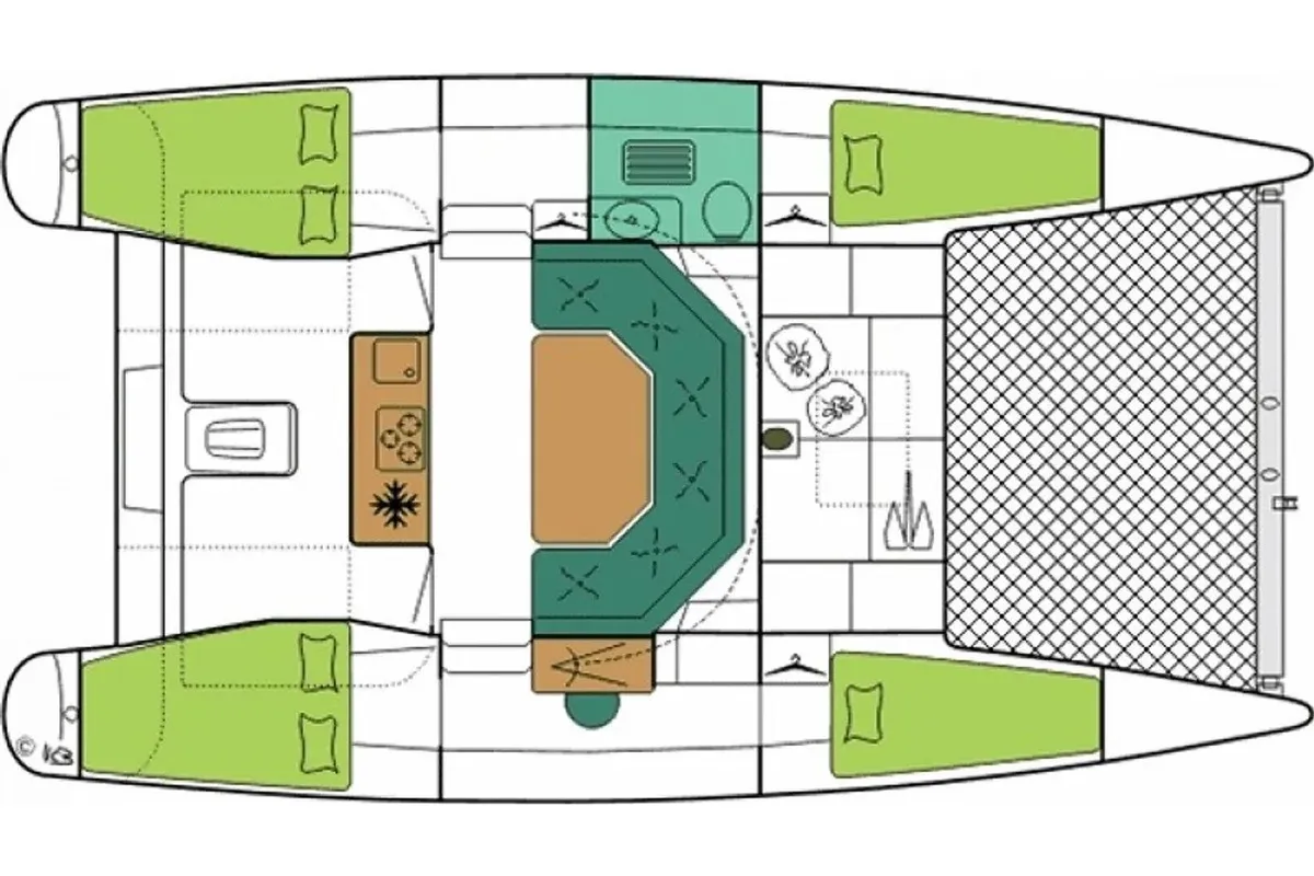 Floor plan of Smiley, a Fountaine Pajot Maldives 32 catamaran at Kerners, France