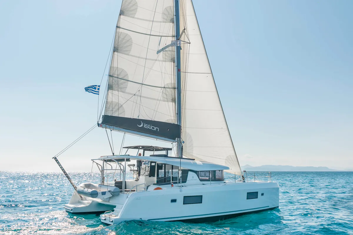 Exterior view of Marou, a Lagoon 42 catamaran at Municipal Unit of Lefkada, Greece