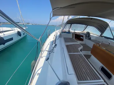 Deck of Agios Nikolaos , a Jeanneau 53 sailboat at Municipal Unit of Lefkada, Greece