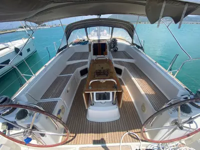 Cockpit of Agios Nikolaos , a Jeanneau 53 sailboat at Municipal Unit of Lefkada, Greece