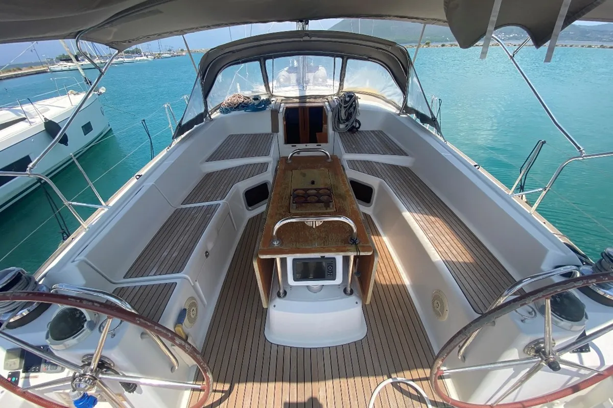 Cockpit of Agios Nikolaos , a Jeanneau 53 sailboat at Municipal Unit of Lefkada, Greece