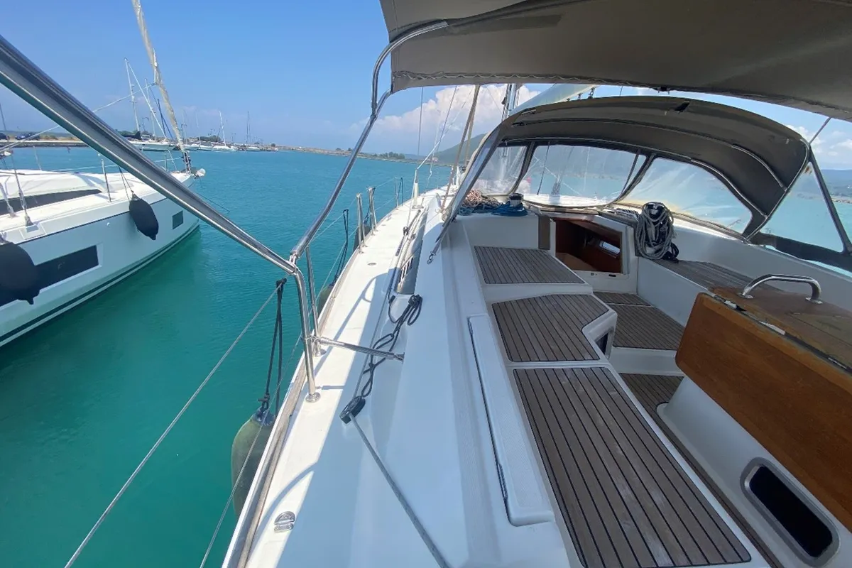 Deck of Agios Nikolaos , a Jeanneau 53 sailboat at Municipal Unit of Lefkada, Greece