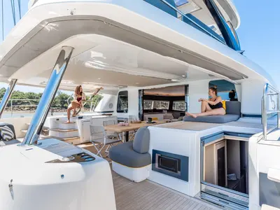 Deck of Soleanis III, a Lagoon Sixty 5 catamaran at Salerno, Italy