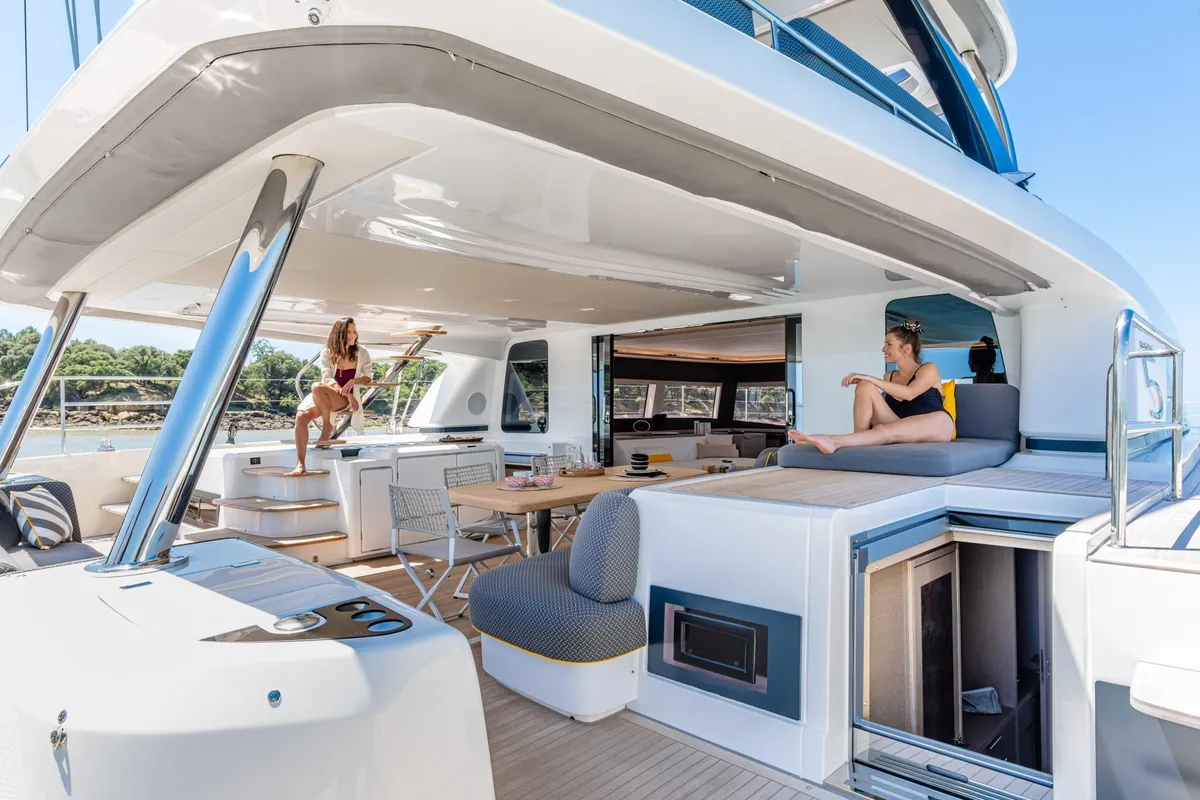 Deck of Soleanis III, a Lagoon Sixty 5 catamaran at Salerno, Italy