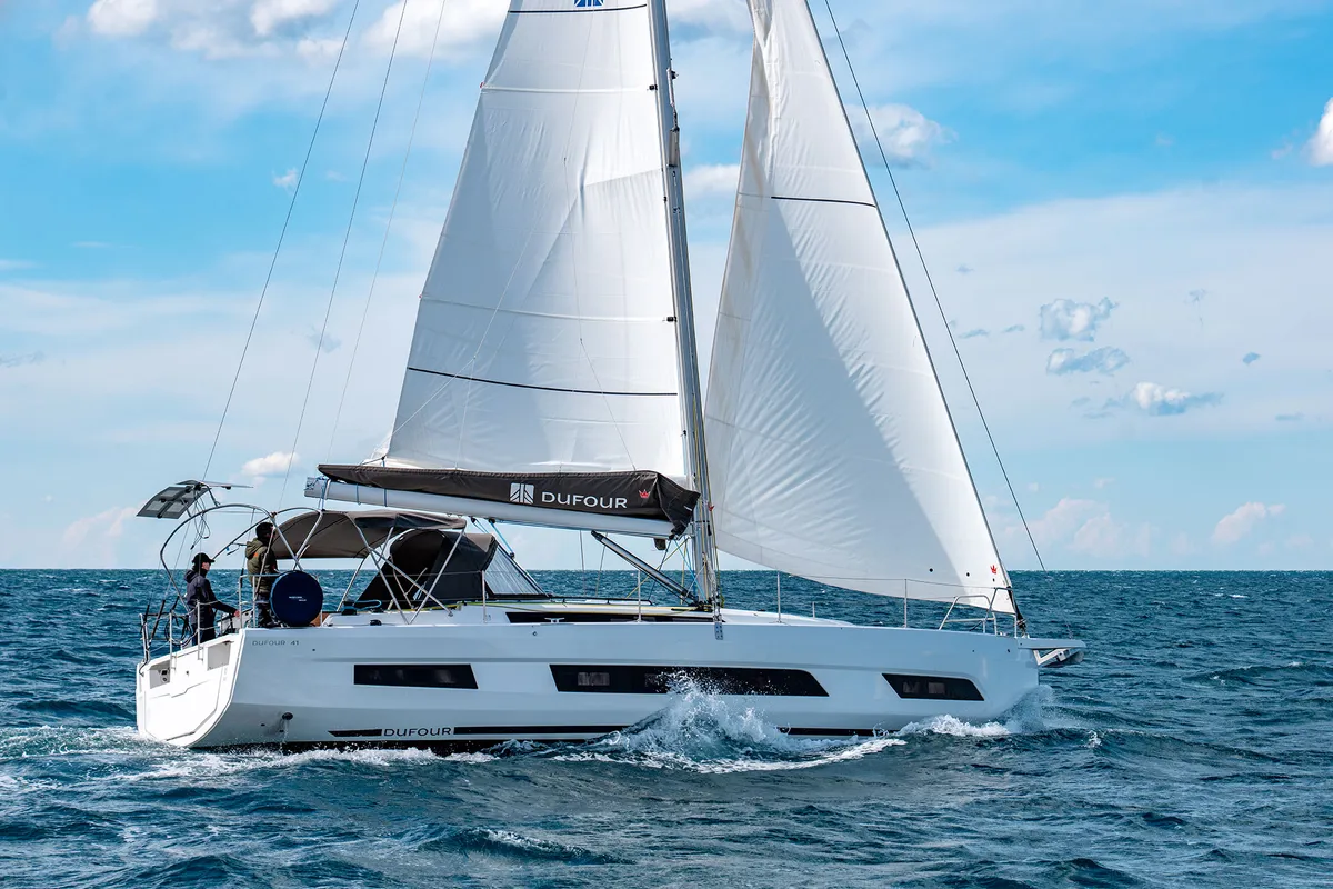 Exterior view of Sonny Boy, a Dufour 41 sailboat at Piombino, Italy