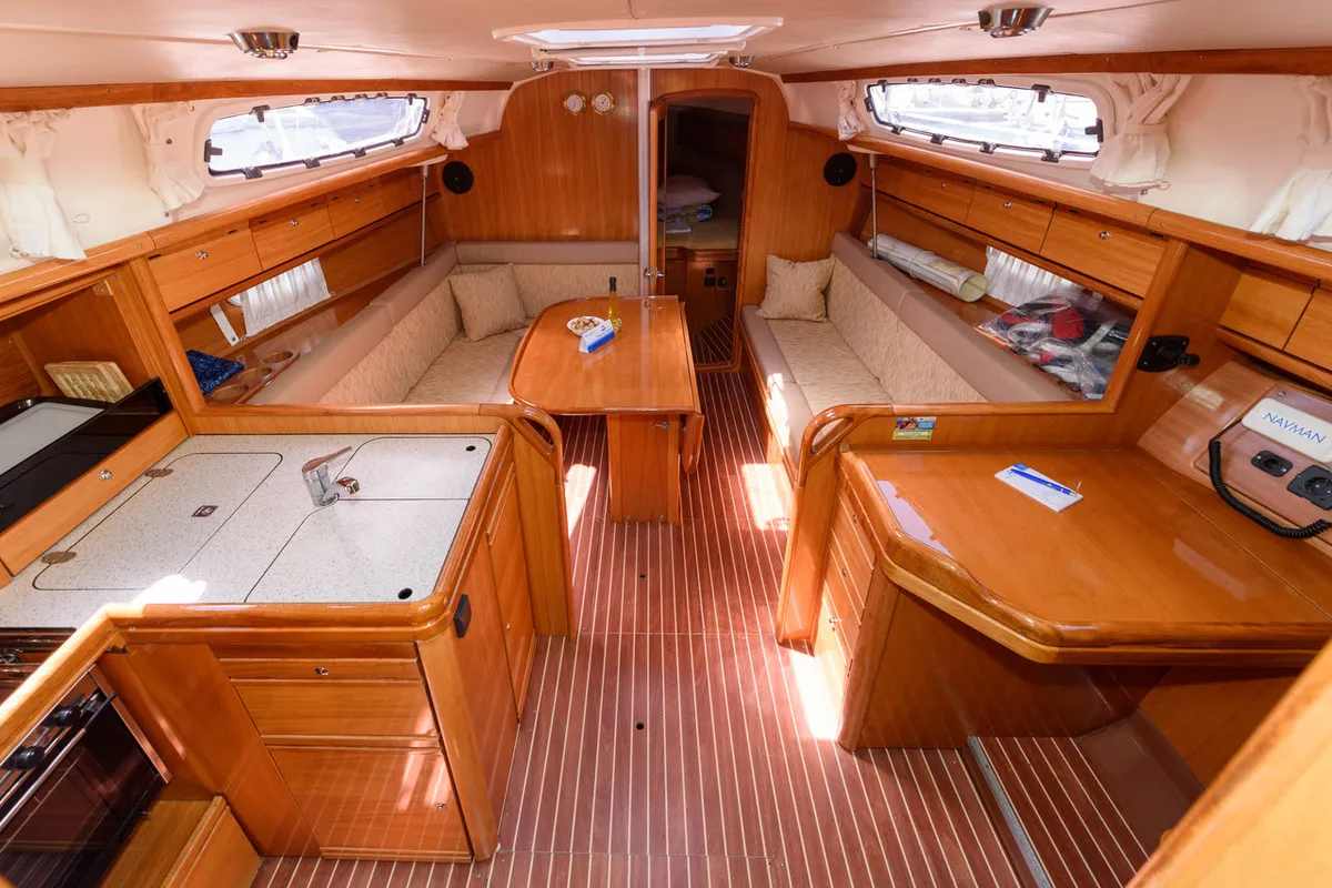 Salon of Bimbo, a Bavaria 34 Cruiser sailboat at Grad Trogir, Croatia