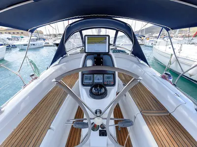 Cockpit of Bimbo, a Bavaria 34 Cruiser sailboat at Grad Trogir, Croatia
