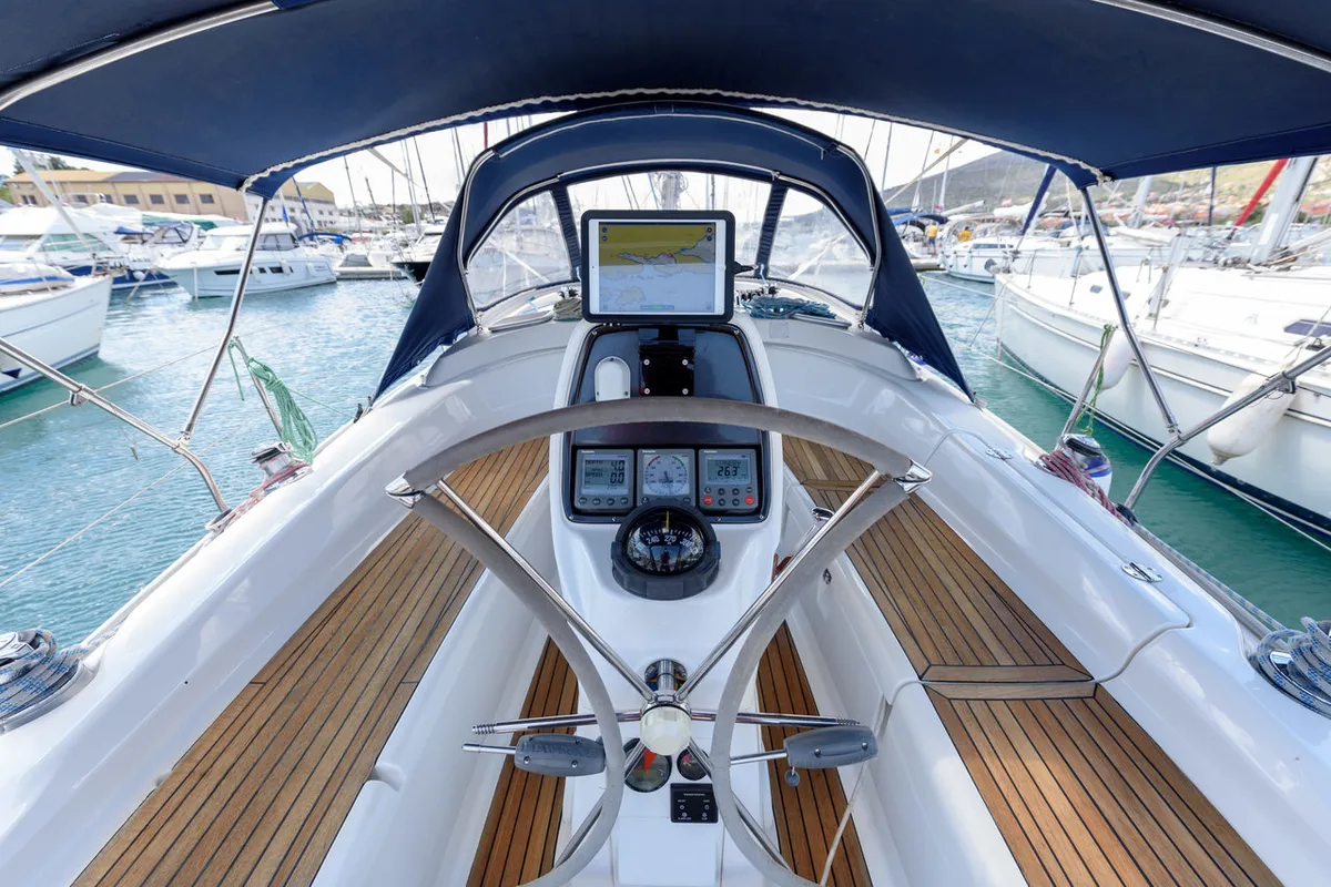 Cockpit of Bimbo, a Bavaria 34 Cruiser sailboat at Grad Trogir, Croatia