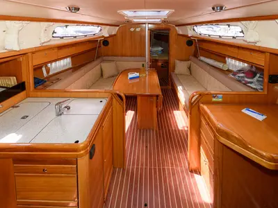 Salon of Bimbo, a Bavaria 34 Cruiser sailboat at Grad Trogir, Croatia