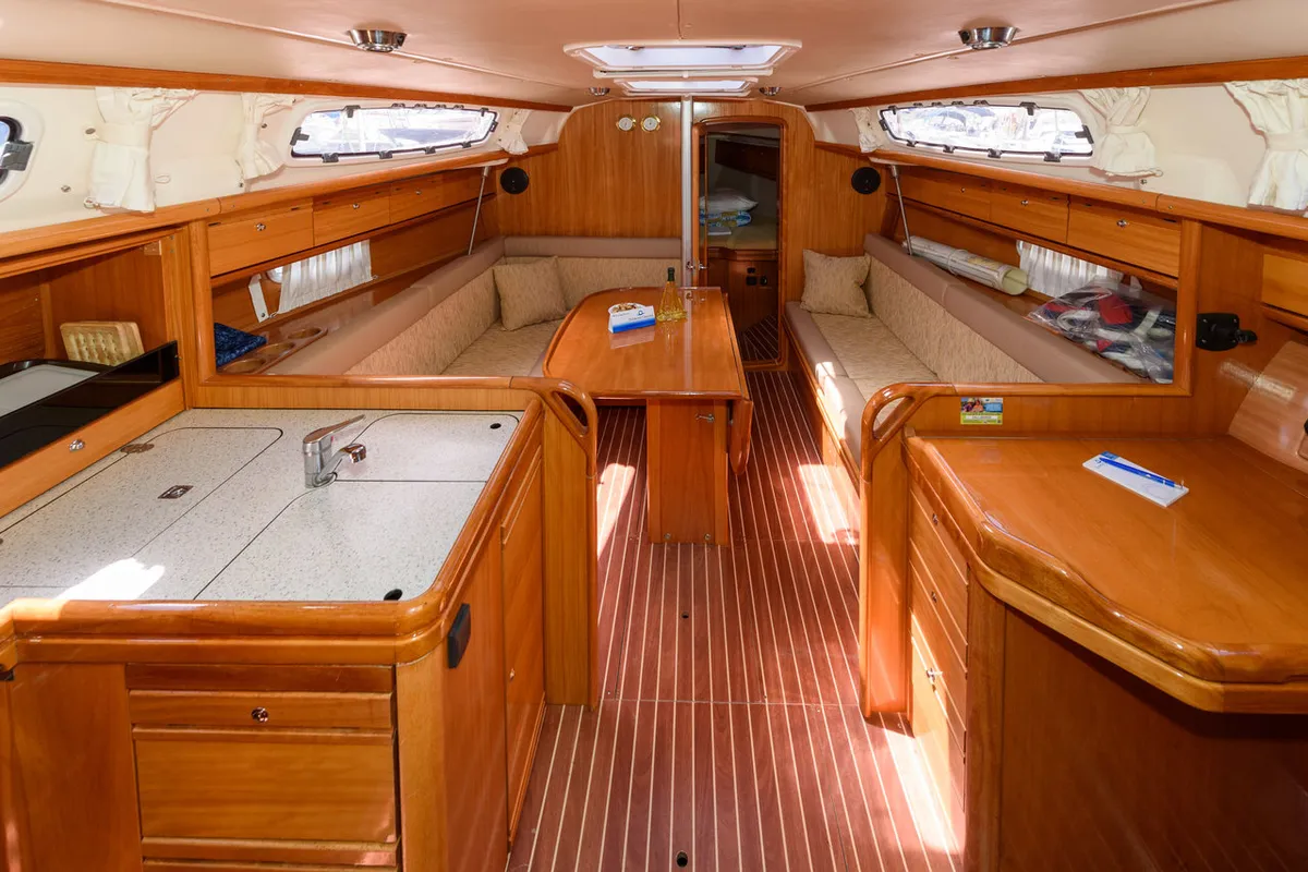 Salon of Bimbo, a Bavaria 34 Cruiser sailboat at Grad Trogir, Croatia