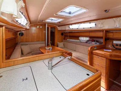 Galley of Bimbo, a Bavaria 34 Cruiser sailboat at Grad Trogir, Croatia