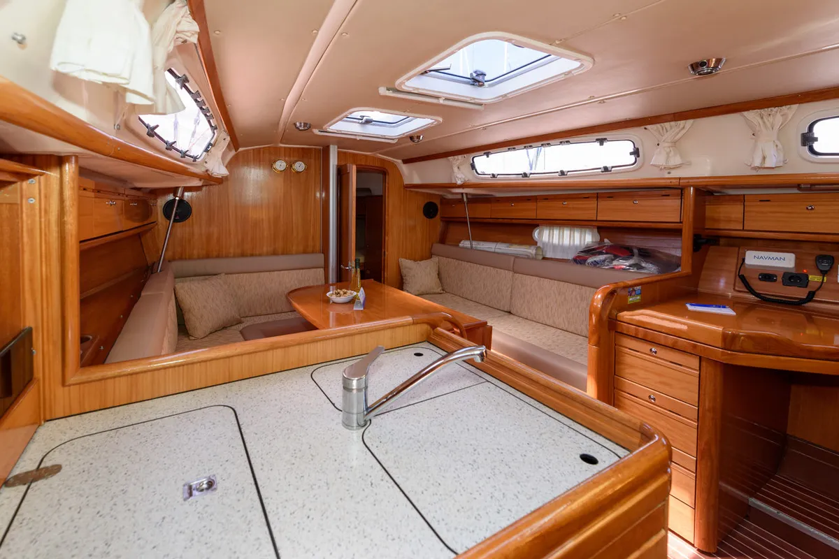 Galley of Bimbo, a Bavaria 34 Cruiser sailboat at Grad Trogir, Croatia