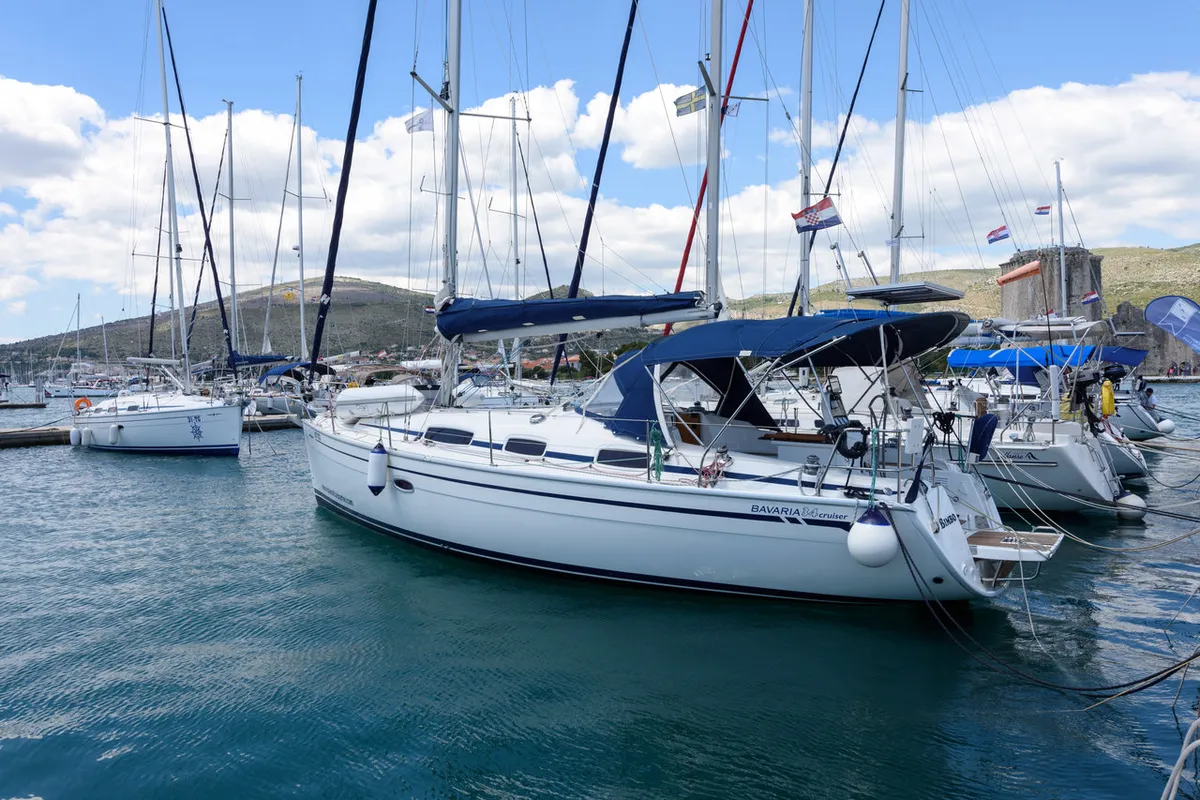 Exterior view of Bimbo, a Bavaria 34 Cruiser sailboat at Grad Trogir, Croatia