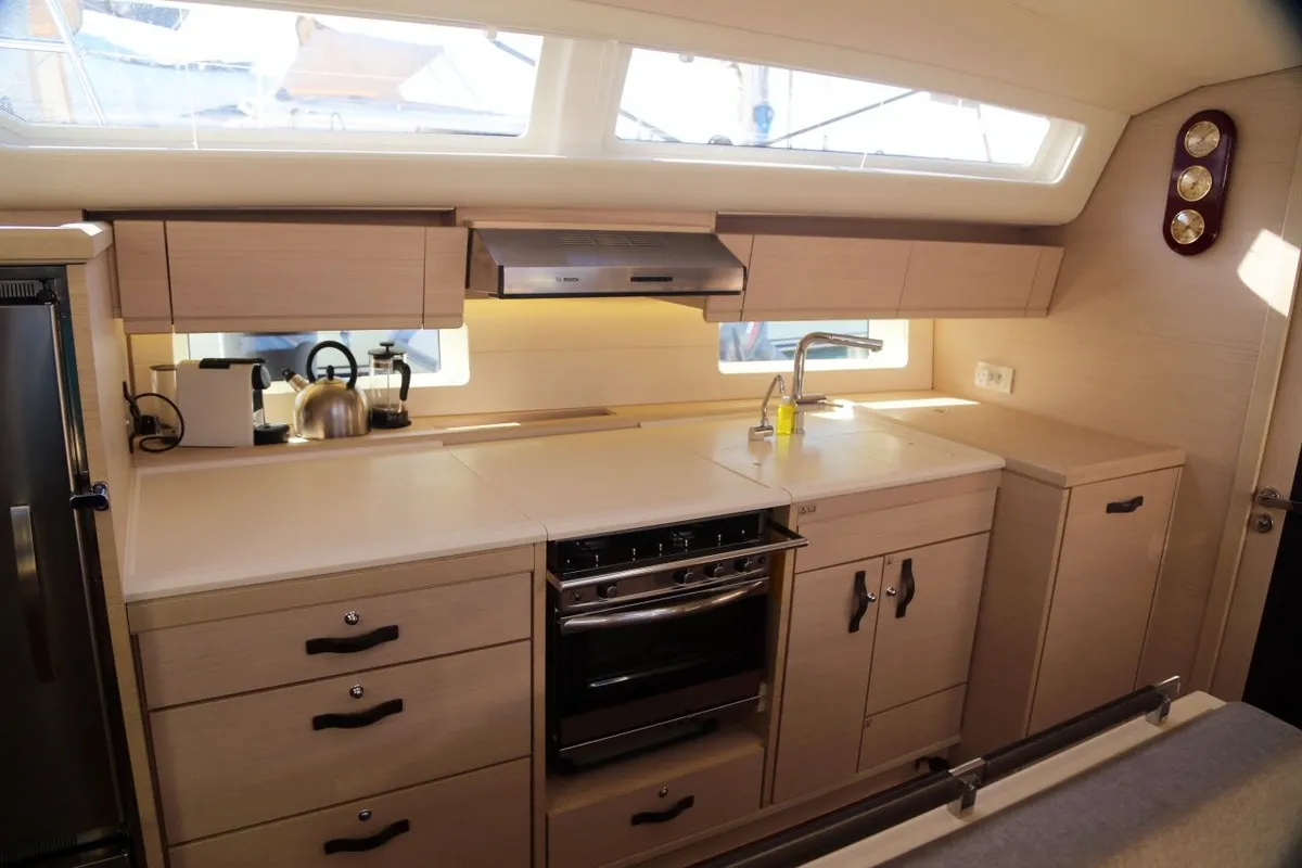 Galley of Storm Dancer 2, a Jeanneau 54 sailboat at Marmaris, Turkey