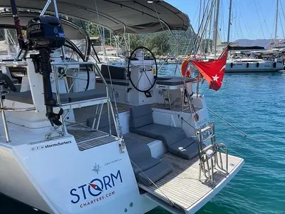 Deck of Storm Dancer 2, a Jeanneau 54 sailboat at Marmaris, Turkey
