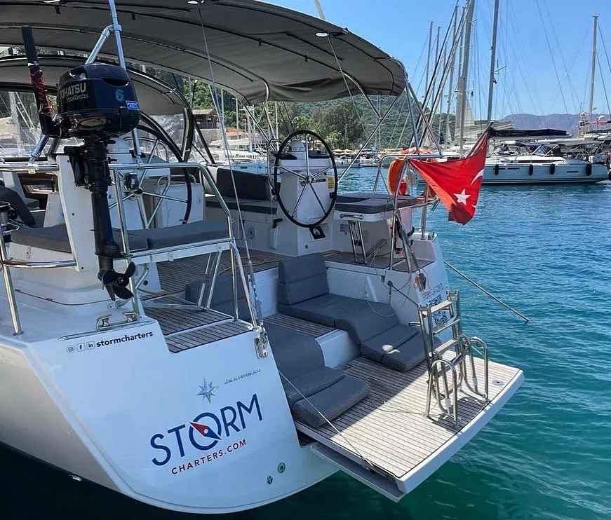 Deck of Storm Dancer 2, a Jeanneau 54 sailboat at Marmaris, Turkey