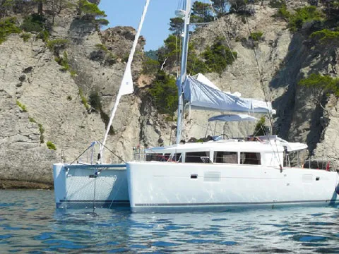 Exterior view of Solstice , a Lagoon 450 catamaran at Athens, Greece