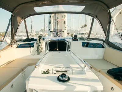 Cockpit of Beatrice, a Beneteau Oceanis 40.1 sailboat at Olbia, Italy