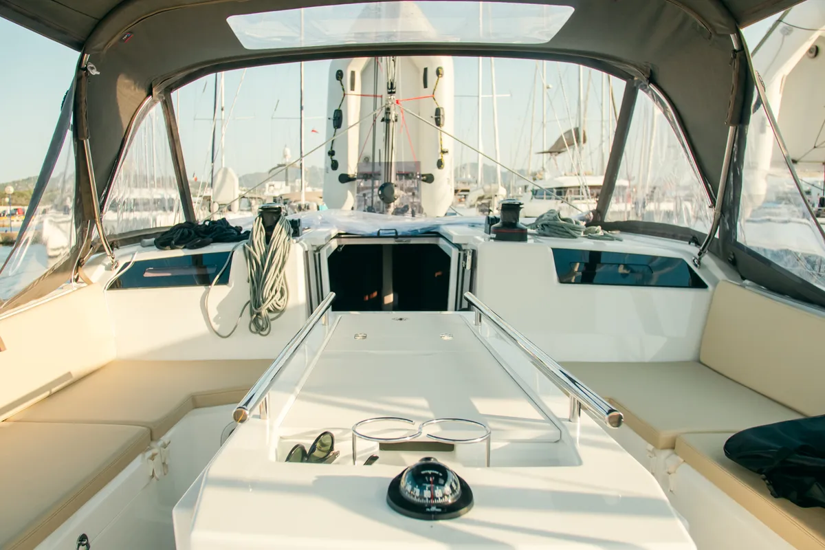 Cockpit of Beatrice, a Beneteau Oceanis 40.1 sailboat at Olbia, Italy