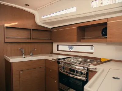 Galley of Beatrice, a Beneteau Oceanis 40.1 sailboat at Olbia, Italy
