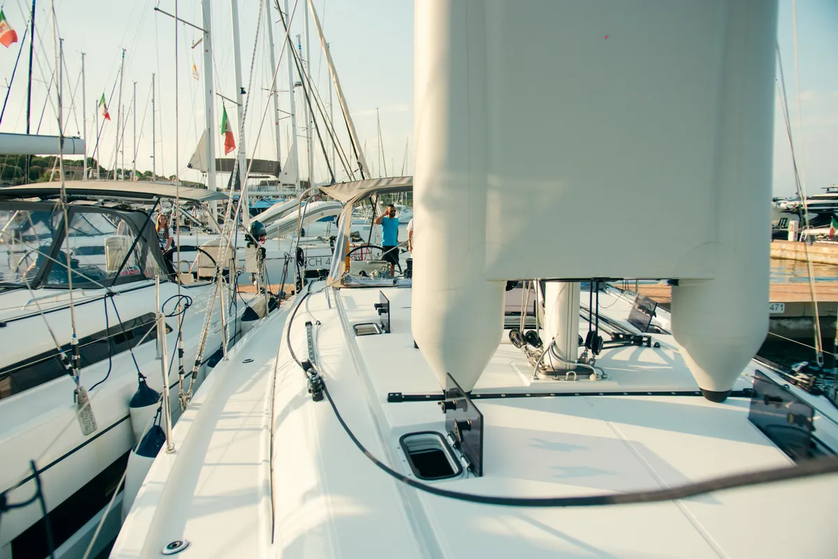 Deck of Beatrice, a Beneteau Oceanis 40.1 sailboat at Olbia, Italy