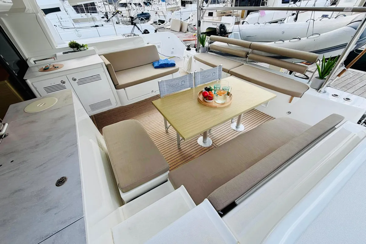 Deck of No Limit II, a Lagoon 46 catamaran at Primošten, Croatia