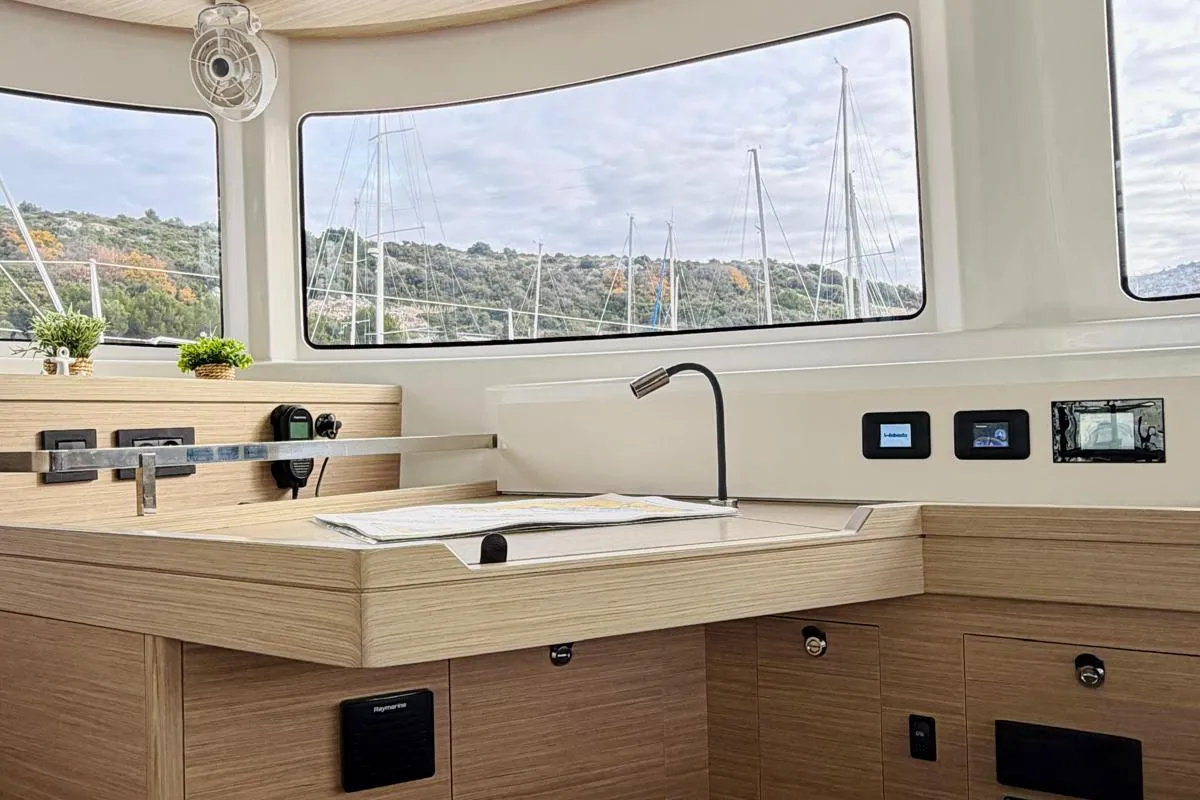Cockpit of No Limit II, a Lagoon 46 catamaran at Primošten, Croatia