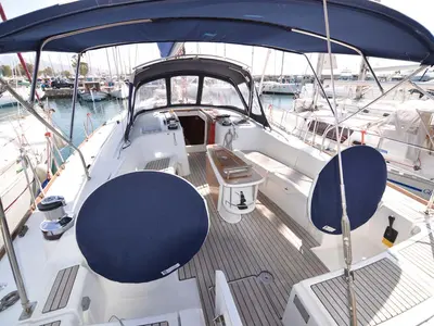 Cockpit of Captain John, a Beneteau Oceanis 54 sailboat at Salamina Municipal Unit, Greece