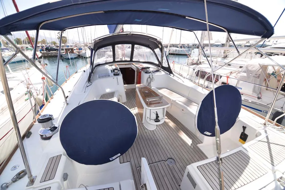 Cockpit of Captain John, a Beneteau Oceanis 54 sailboat at Salamina Municipal Unit, Greece
