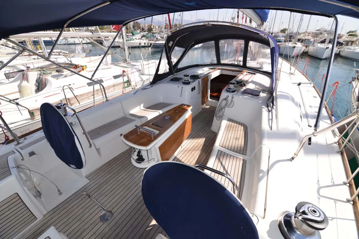 Cockpit of Captain John, a Beneteau Oceanis 54 sailboat at Salamina Municipal Unit, Greece