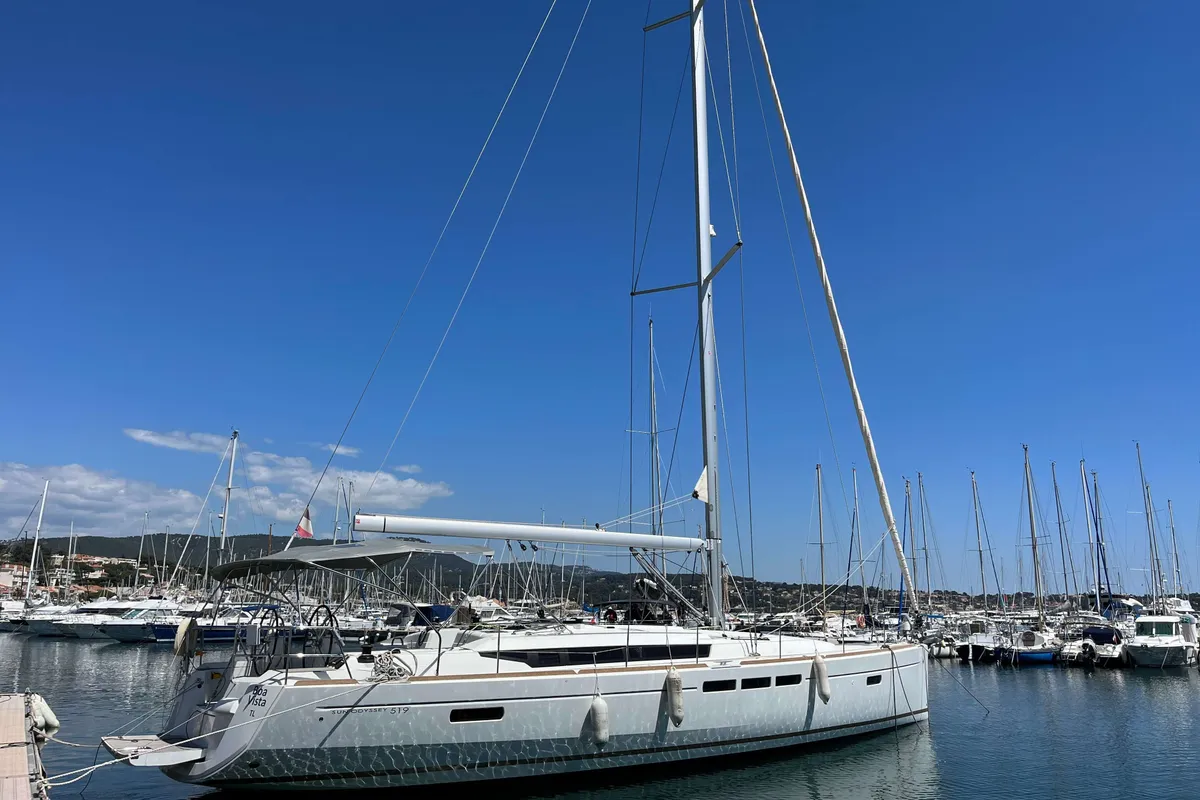 Exterior view of Skopelos, a Jeanneau Sun Odyssey 519 sailboat at Lavrion, Greece